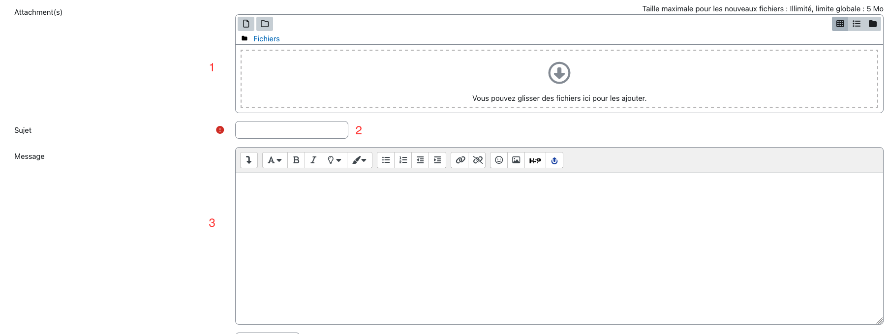 Composition d'un message via la messagerie Moodle