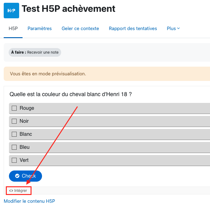 Capture d'une activité H5P, le bouton Intégrer en bas à droite de l'activité est mis en valeur