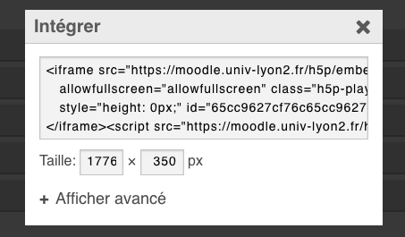 Capture d'écran de la fenêtre d'affichage du code d'intégration d'un module H5P
