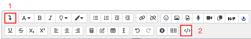 Boutons à cliquer dans l'éditeur de texte Atto de Moodle pour afficher le code source de la page
