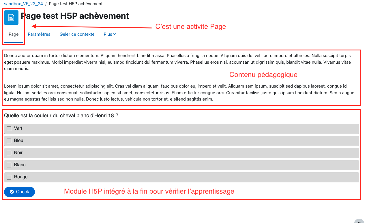 Activité Page dans Moodle composée de deux paragraphes de texte suivi d'un module H5P intégré via un code d'intégration