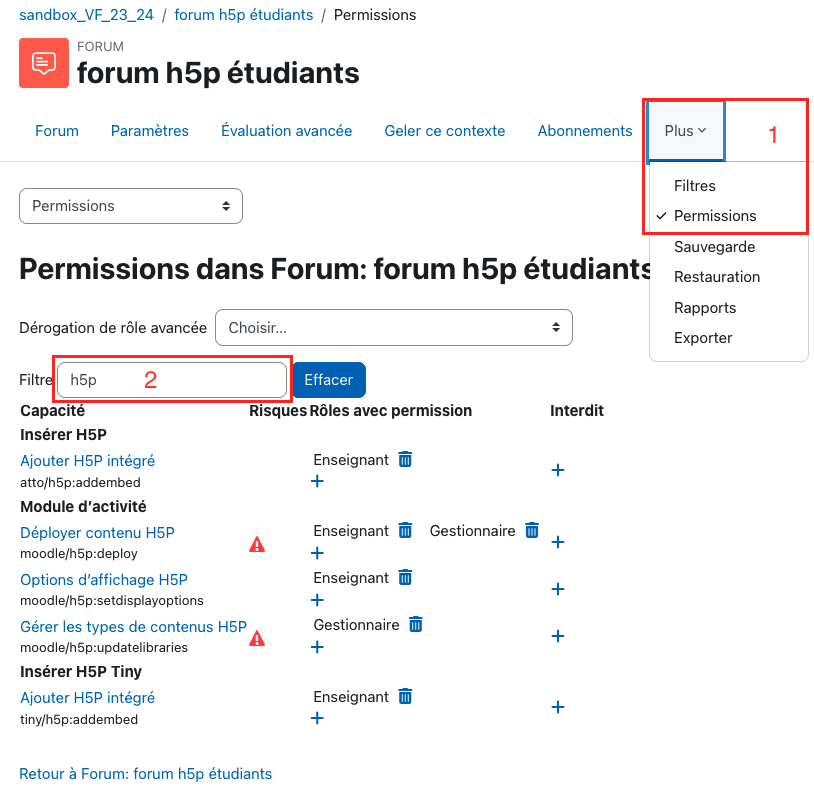Tableau des permissions d'un forum Moodle