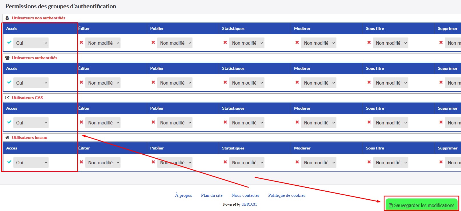 Tableau des permissions d'une vidéo Ubicast, la colonne Accès et le bouton de sauvegarder sont mis en valeur