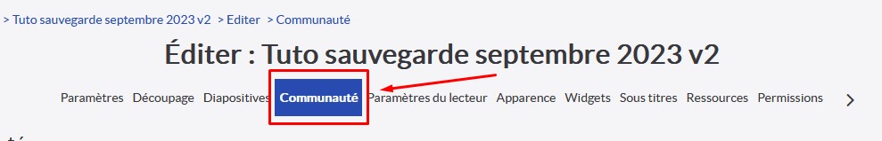 Paramètres d'une vidéo Ubicast, l'onglet Communauté est mis en valeur