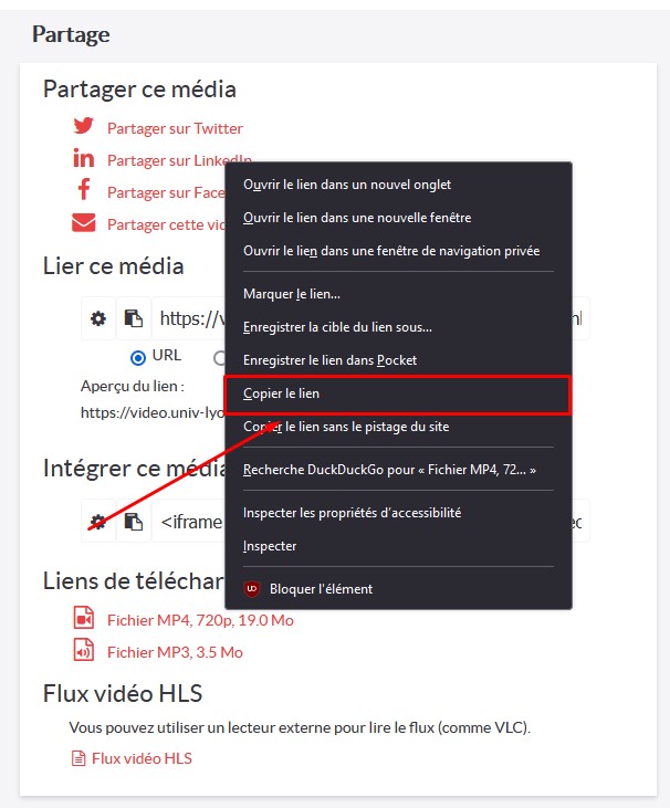 Copie d'un lien d'une vidéo Ubicast