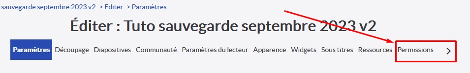 Options de paramétrage d'une vidéo Ubicast, le menu Permissions est mis en valeur