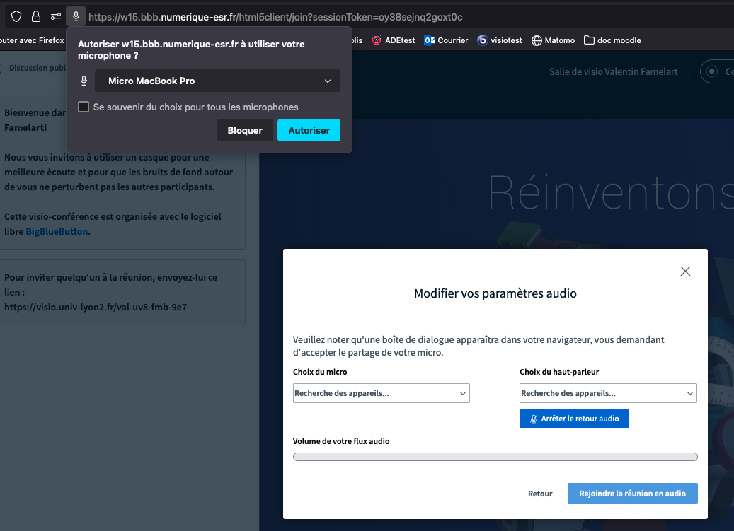 Capture de la demande d'autorisation d'usage du microphone de BBB, ainsi que le menu de paramétrage audio, pris dans Firefox