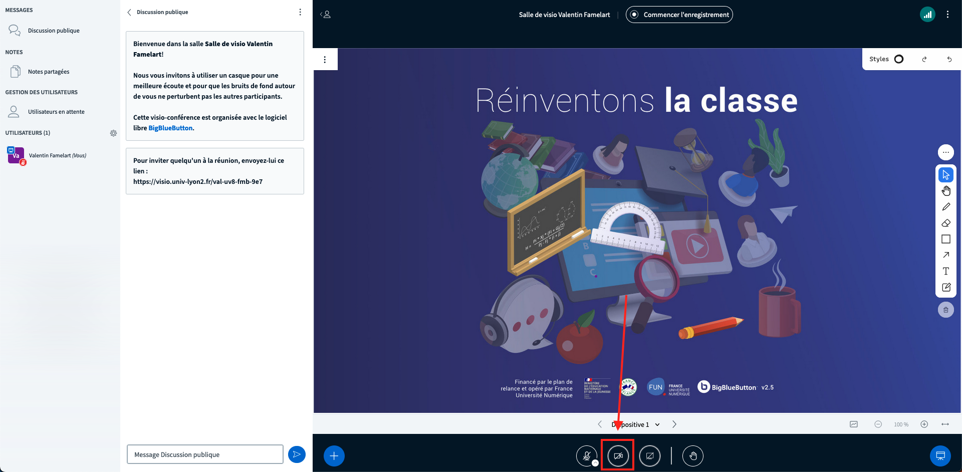 Capture d'écran de l'interface BigBlueButton, le bouton Diffuser depuis la webcam est vers la fin de la page 