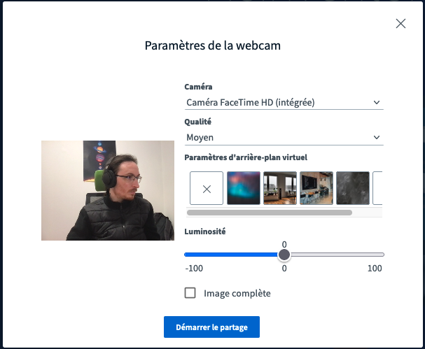 Menu Paramètres de la webcam de BigBlueButton