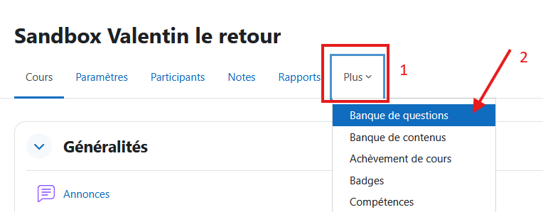 Copie d'écran d'un cours Moodle, le menu Plus est déroulé et une flèche pointe vers le lien Banque de question