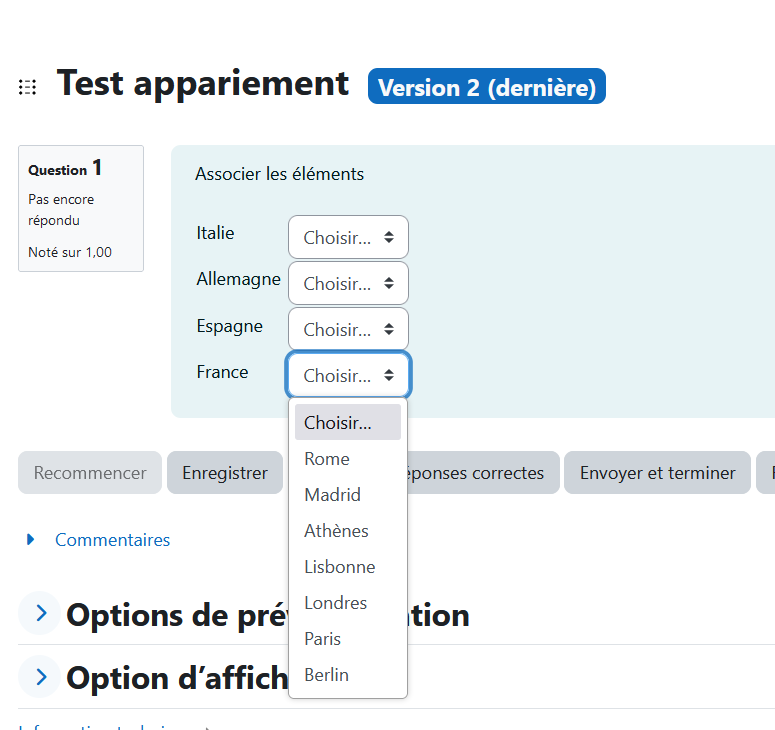 Capture d'une question appariement, le menu déroulant de réponse est ouvert pour afficher toutes les réponses possibles