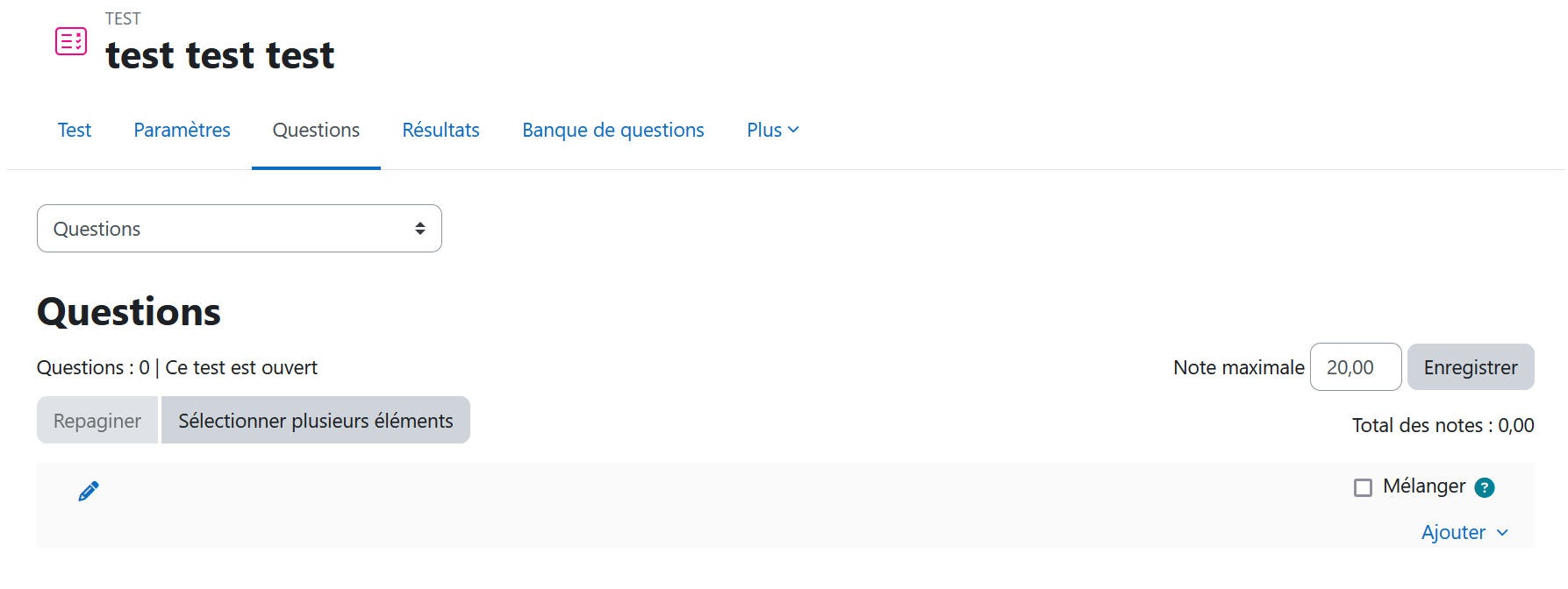 Interface principale de la page d'ajout des questions dans un Test