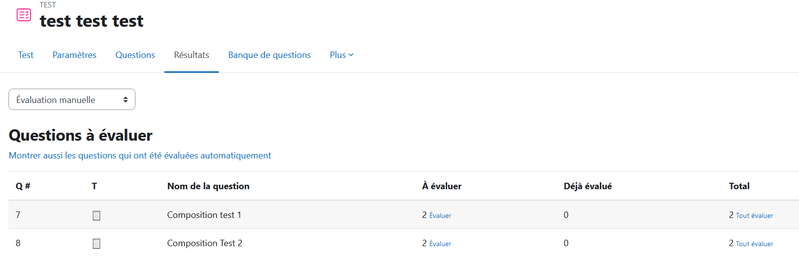 Tableau des corrections manuelles, dans lequel deux questions sont à corriger par l'enseignant