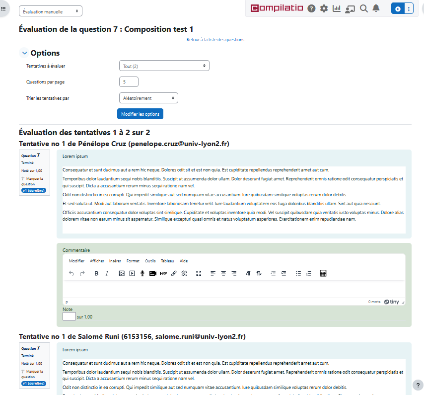 Correction manuelle d'une question composition, deux réponses d'étudiants sont disponibles à la correction