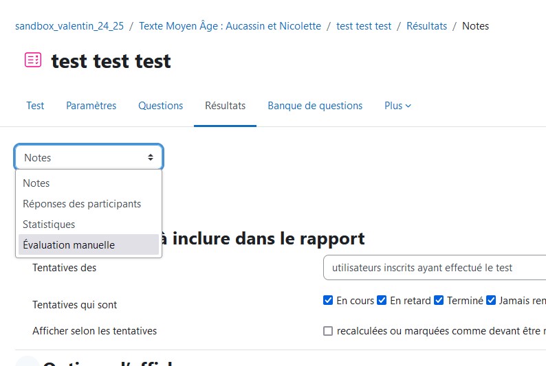 Page des résultats d'un test, le menu déroulant en début de page est ouvert