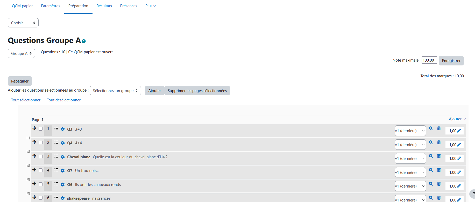 Interface d'ajout des questions