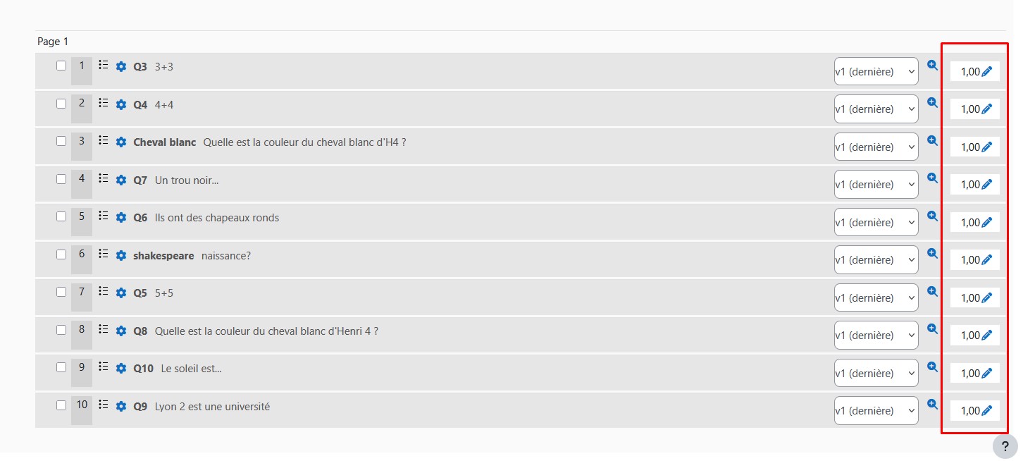 10 questions dans un QCM papier, les notes maximales des questions sont entourées