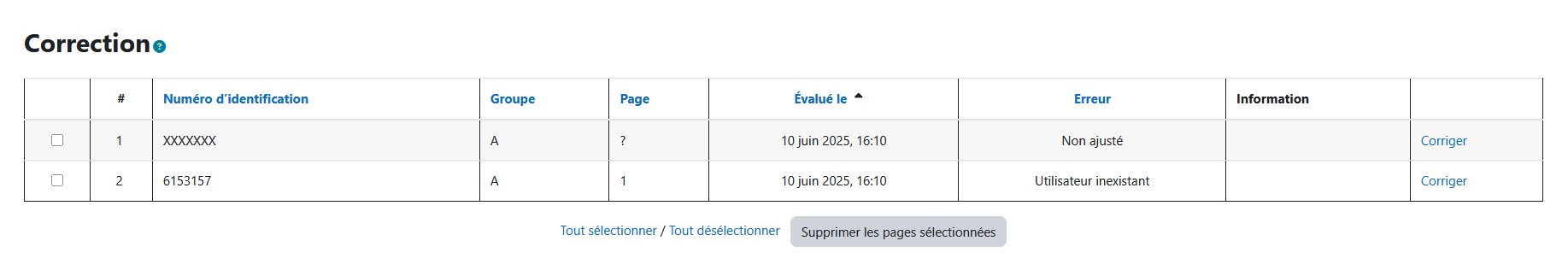Tableau contenant deux copies QCM papier à corriger manuellement