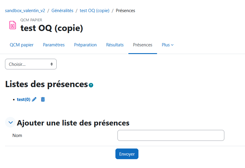 Capture de la page de création d'une liste de présence, dans laquelle une liste vide a déjà été créée.