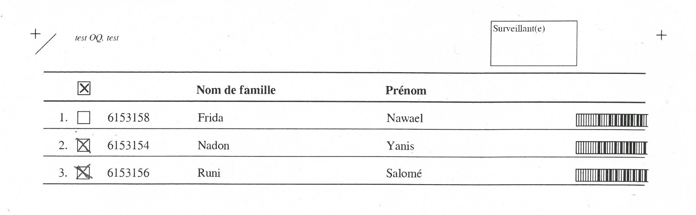 Exemple d'une feuille de présence avec trois étudiants, dont deux sont cochés