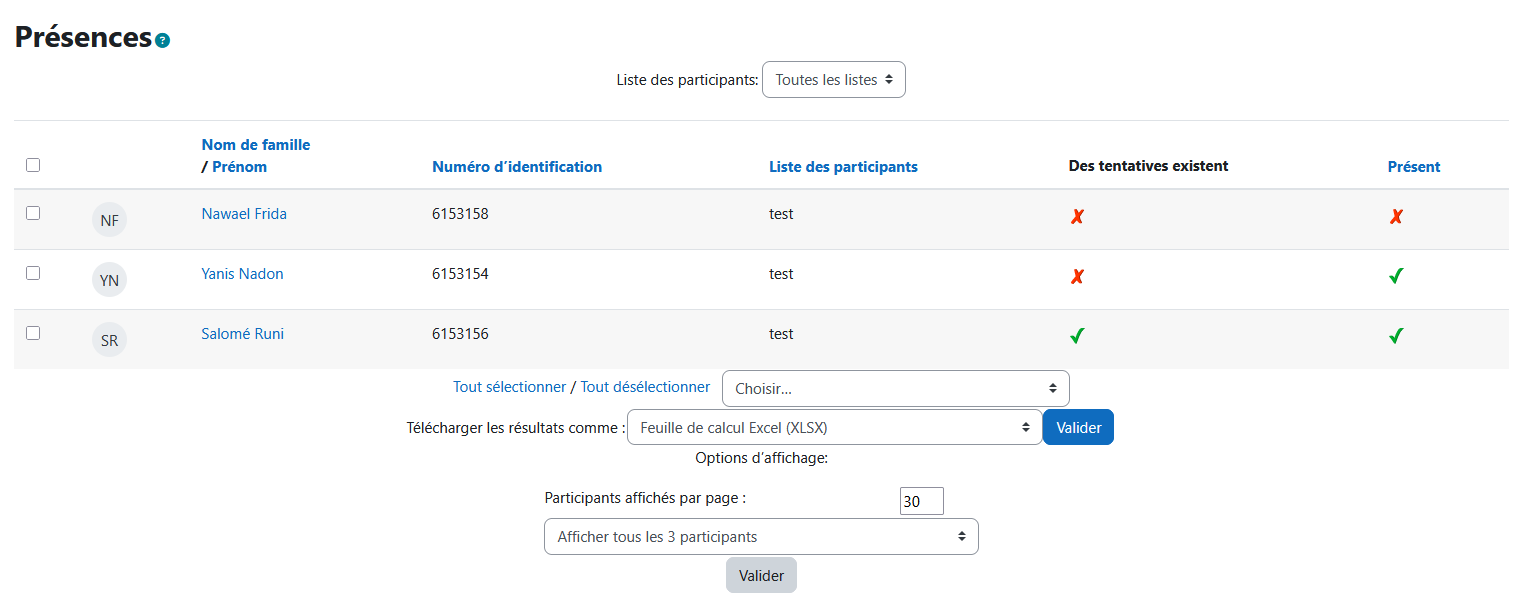 Tableau de rapport des présences dans une activité QCM papier