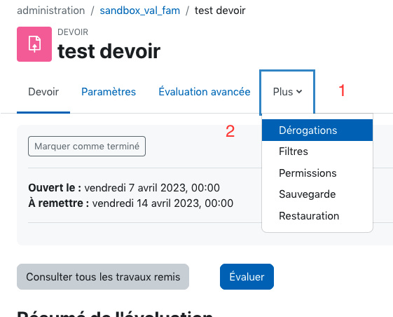 Dans un Devoir, cliquer sur Plus (à la suite de Evaluation avancée) puis sur Dérogations, premier item de la liste