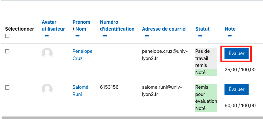 Écran des rendus d'une activité Devoir