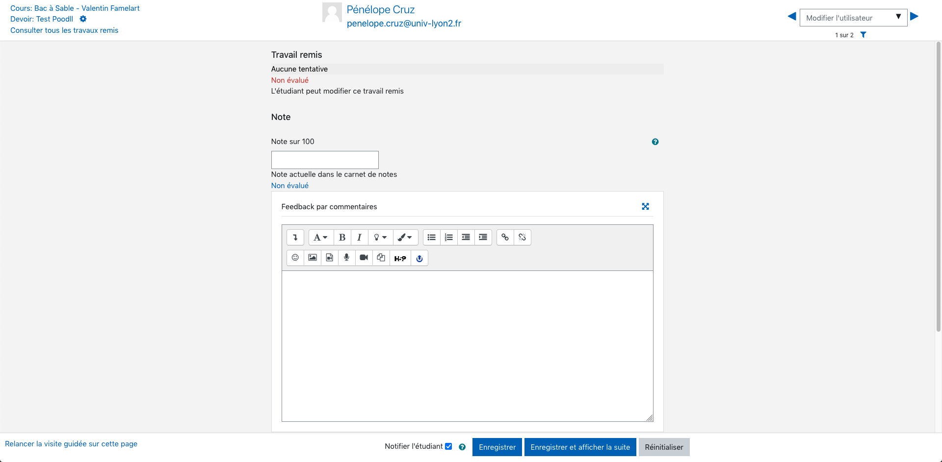 Écran de correction d'une activité devoir avec un feedback par commentaires.