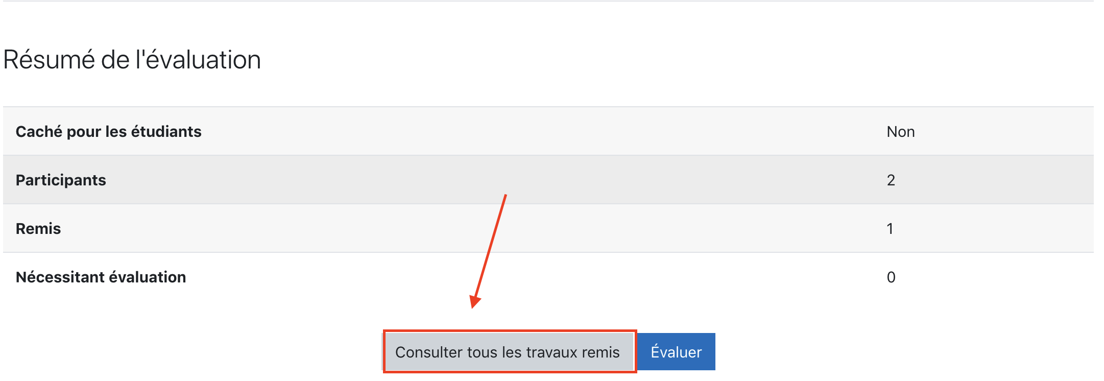 Écran d'une activité Test, le bouton consulter les travaux remis est entouré