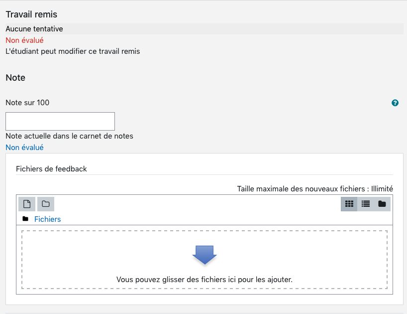 Écran de correction d'un devoir avec un espace de dépôt pour le fichier de feedback