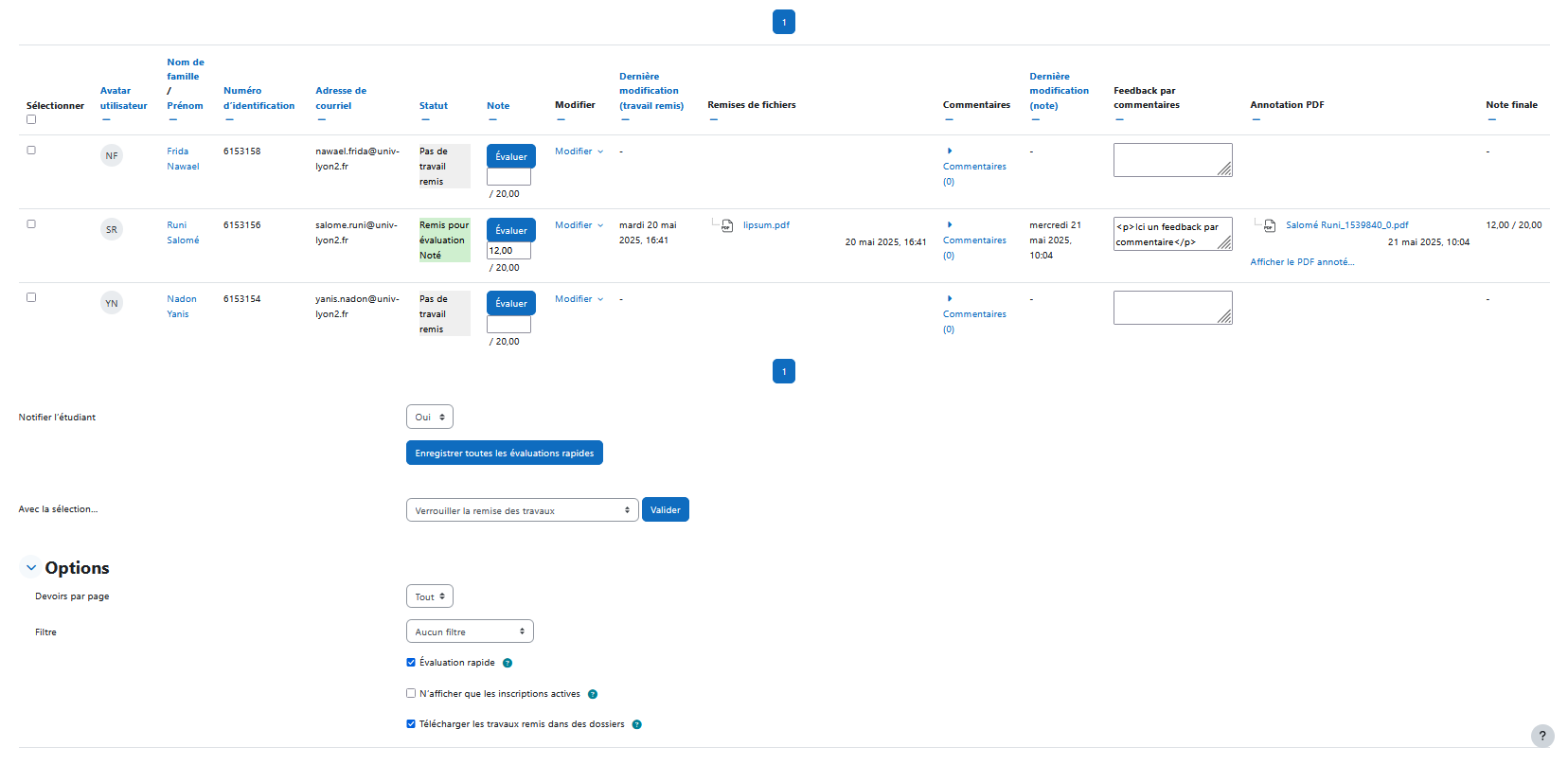 Écran de la page de consultation des devoirs remis