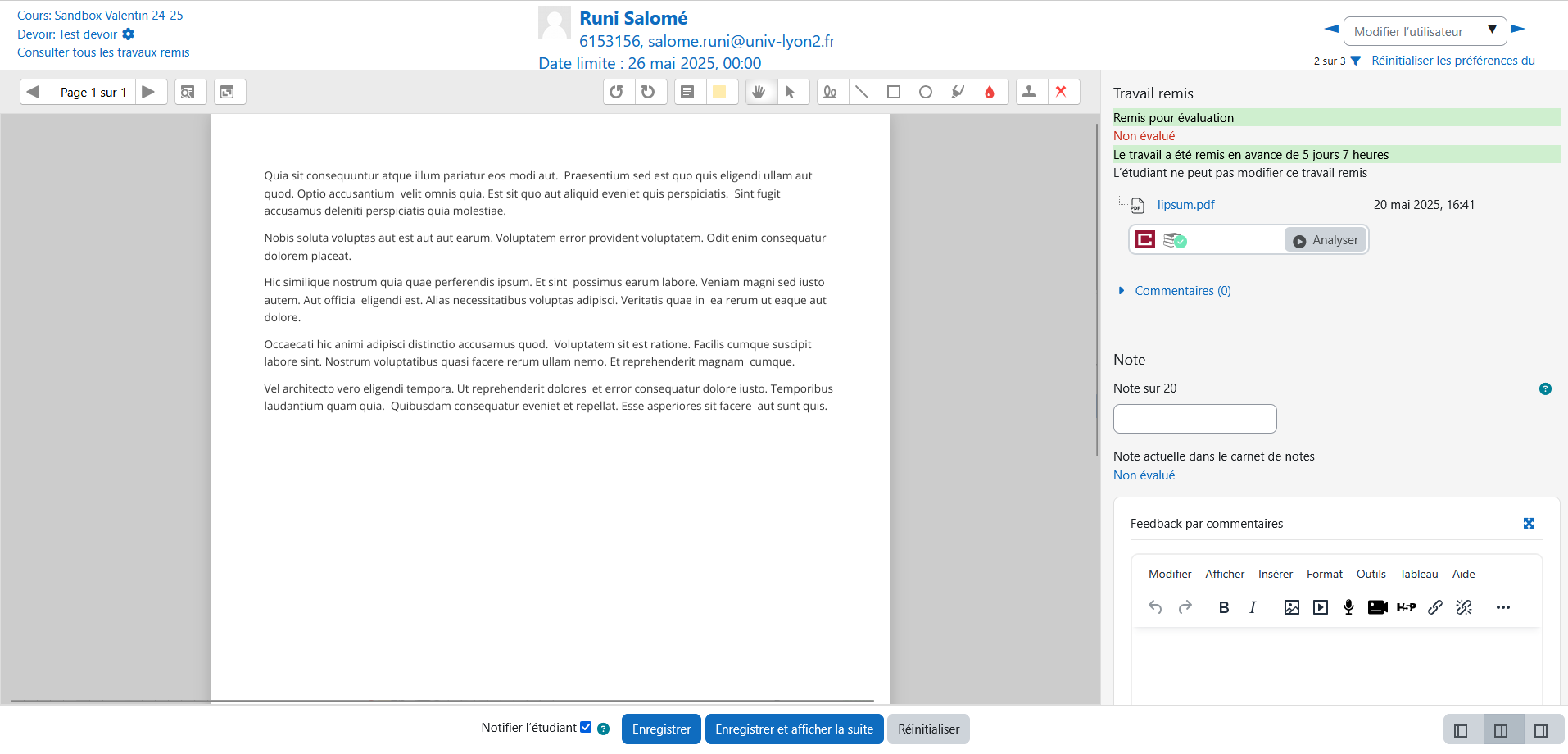 Panneau de correction d'un devoir sur Moodle, le PDF remis est au centre de l'écran, les commentaires et la note à droite