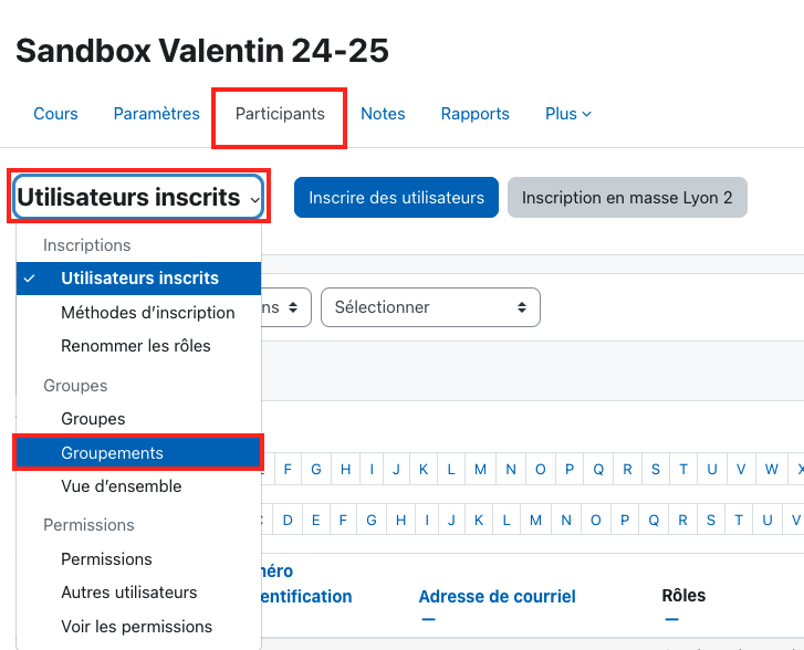 Capture d'écran de Moodle, les boutons Participants, Utilisateurs inscrits et Groupements sont mis en valeur