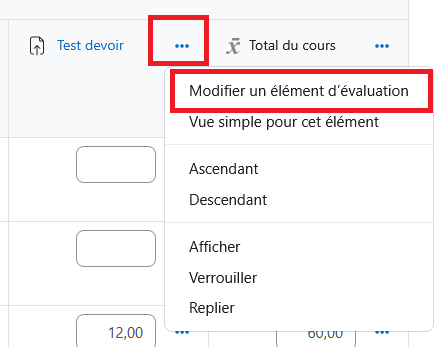 Affichage du menu des options d'un élément d'évaluation, le bouton pour modifier est entouré