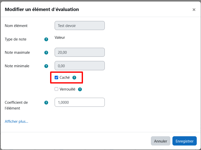 Écran de modification d'un élément d'évaluation, la case Caché est entourée