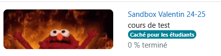 Exemple d'un cours de test en mode liste sur la page Mes cours, avec une image de cours