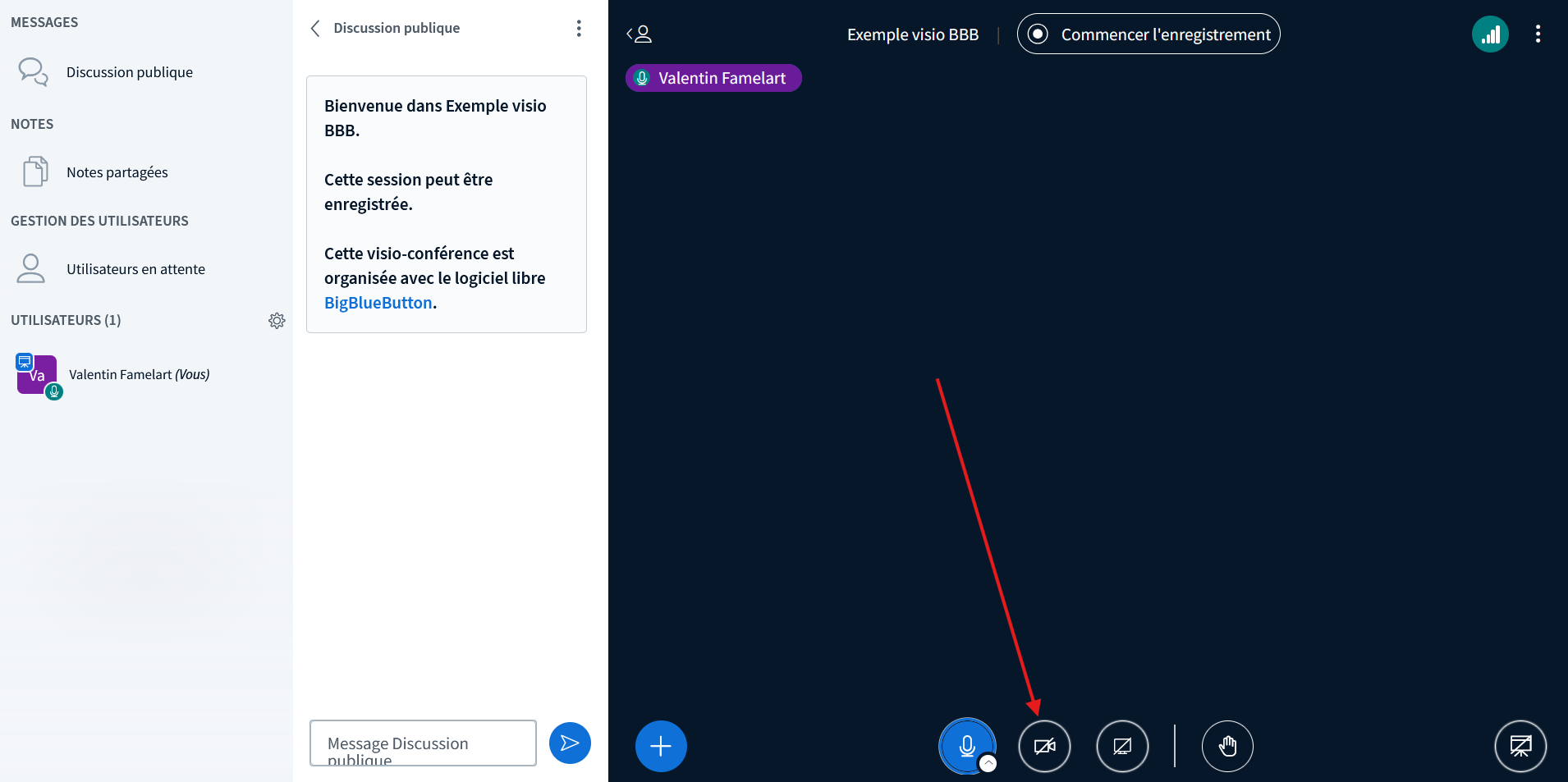 Écran d'accueil de BBB, le bouton webcam est mis en valeur