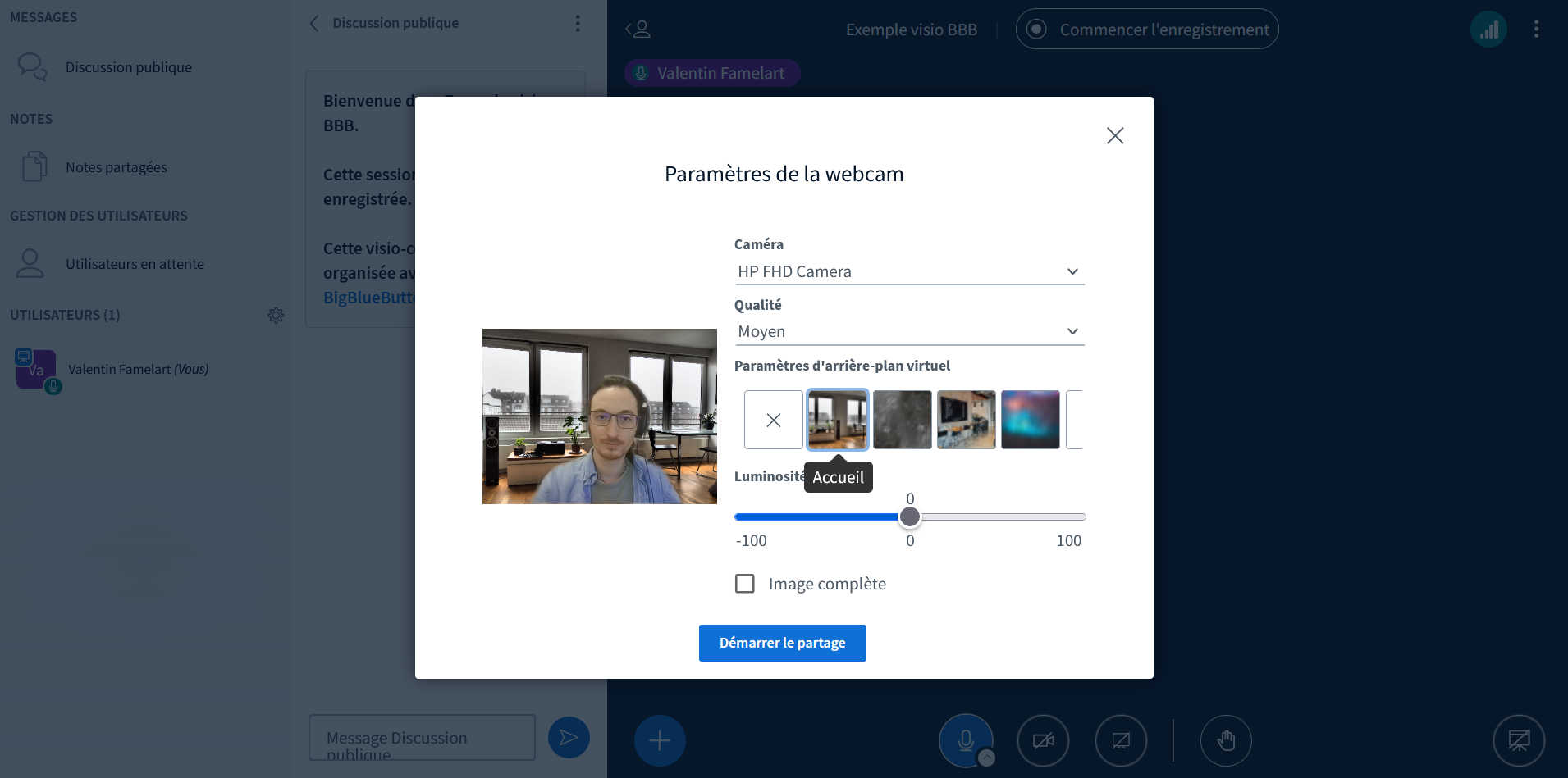 Écran de paramétrage de la webcam dans BBB