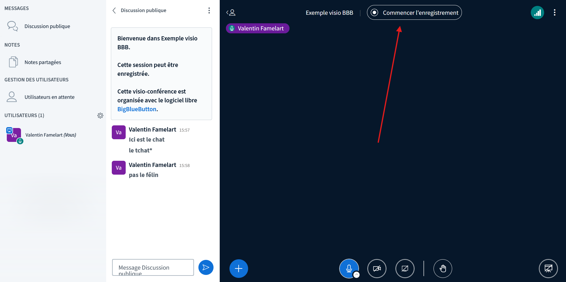 Écran principal de BBB, le bouton Commencer l'enregistrement est mis en valeur