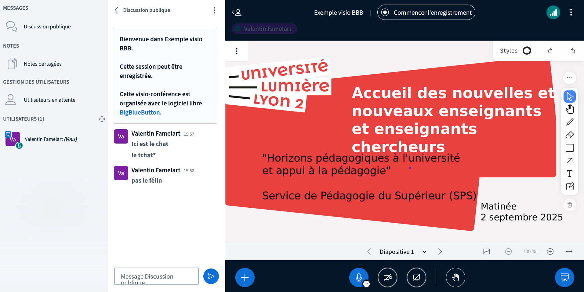 Écran BBB dans lequel un fichier de présentation est partagé