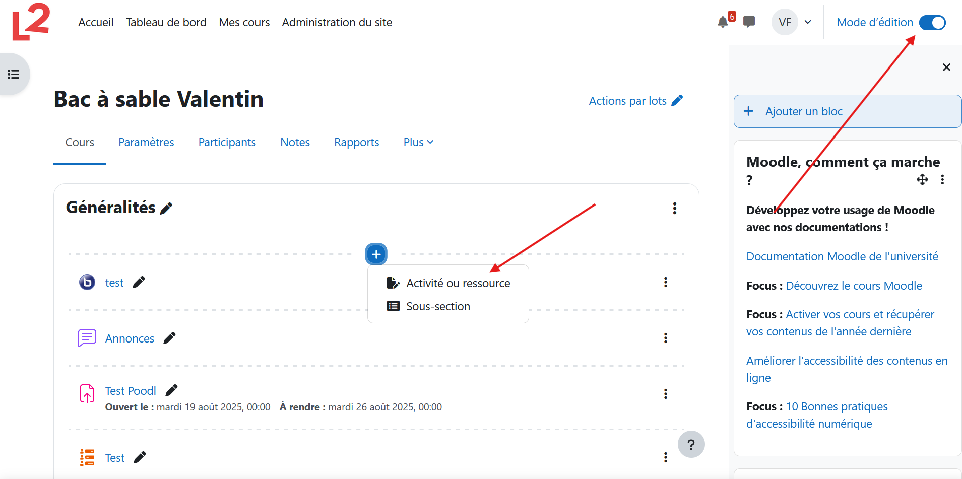 Capture d'écran d'un cours Moodle, les boutons Mode édition et Ajouter activité ou ressource sont mis en valeur