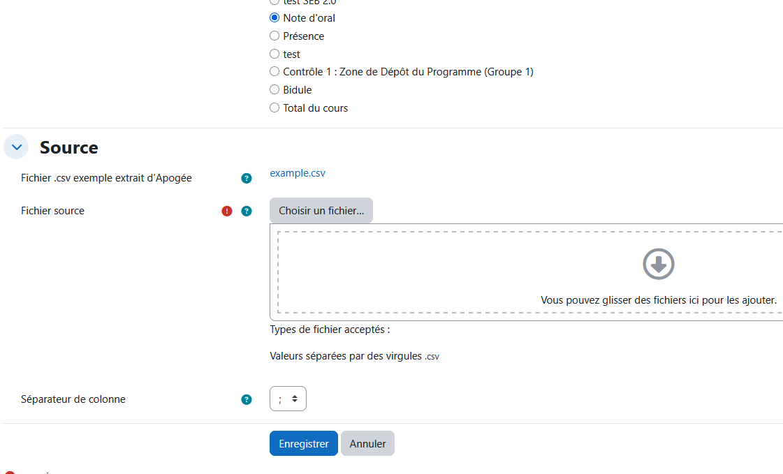 Capture d'écran de l'écran d'export vers apogée