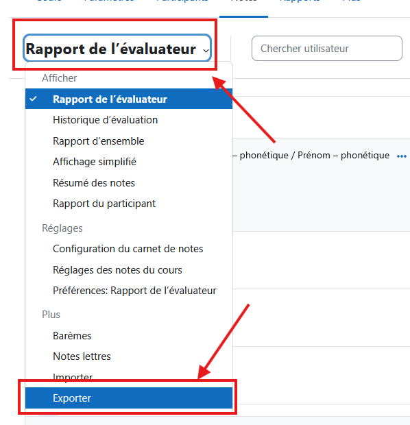 Depuis le carnet de notes, cliquer sur Rapport de l'évaluateur pour ouvrir le menu, puis Exporter, dernier item de la liste