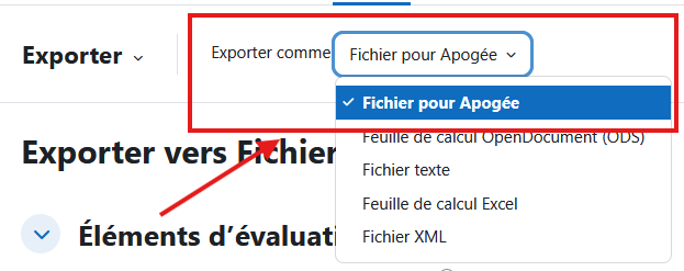 Depuis la page d'exportation, cliquer sur Exporter comme et choisir Fichier pour Apogée