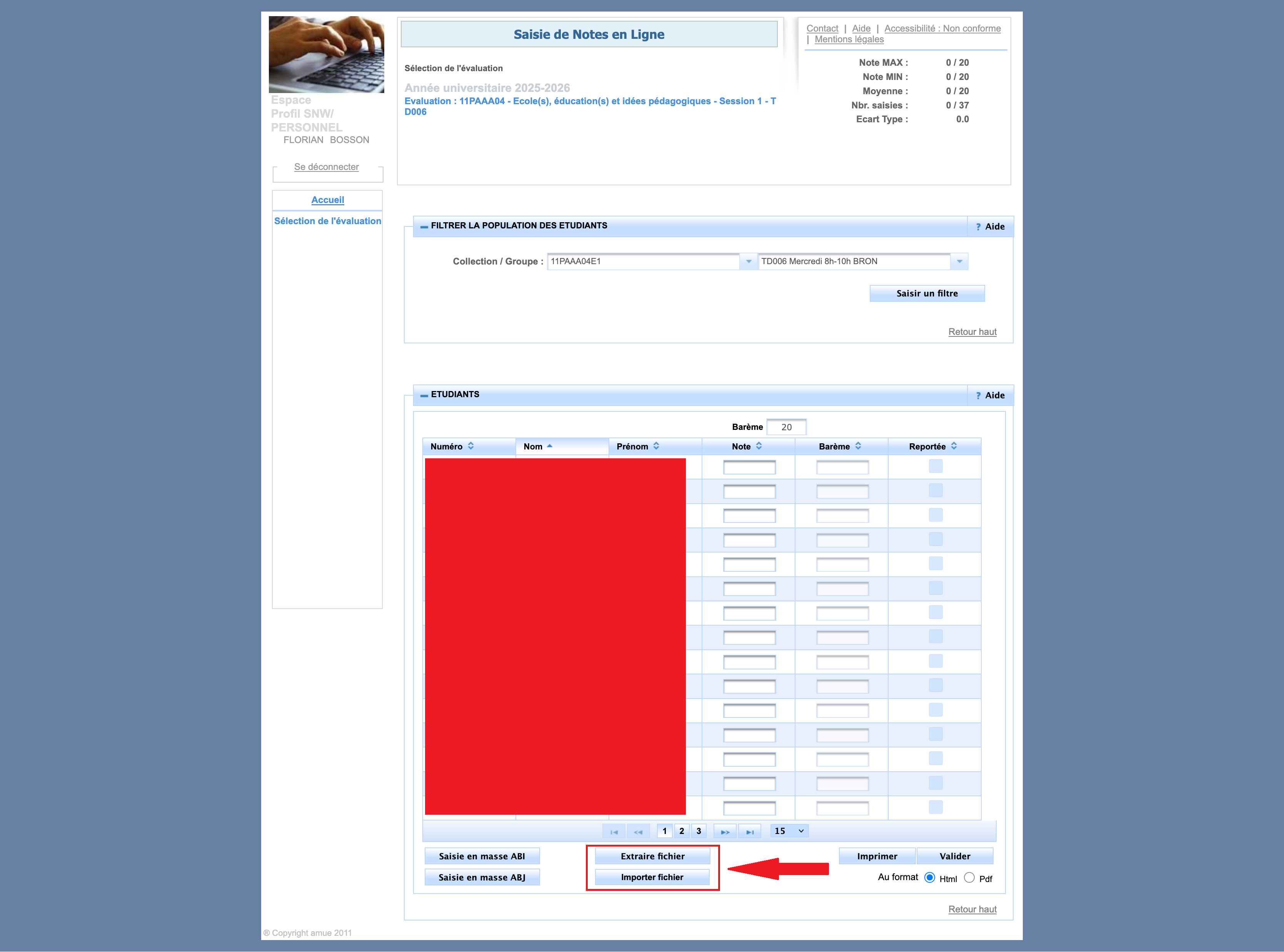 Page de dépôt des notes, les boutons Extraire fichier et Importer fichier sont mis en valeur