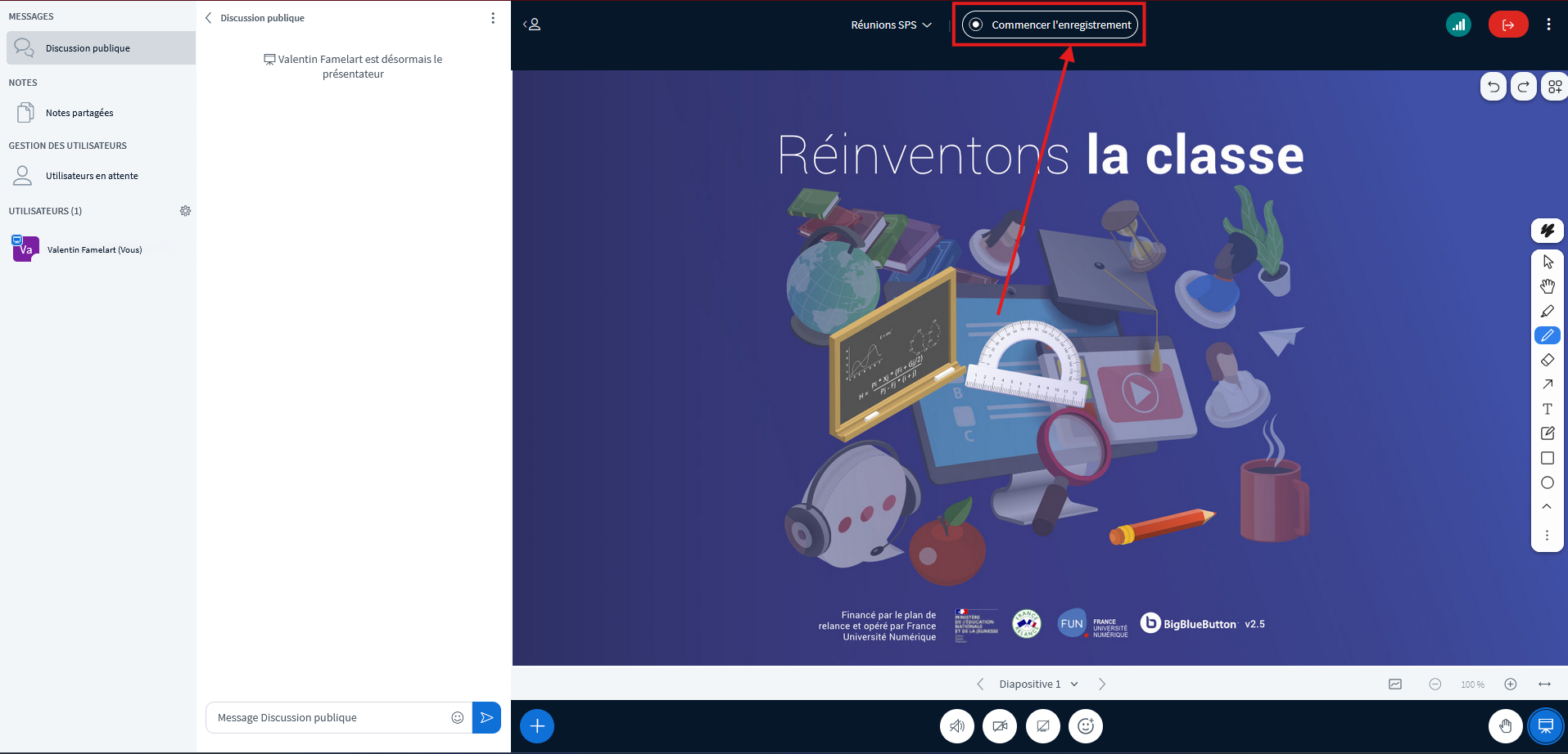 Capture d'écran de l'interface BigBlueButton, le bouton Commencer l'enregistrement est entouré