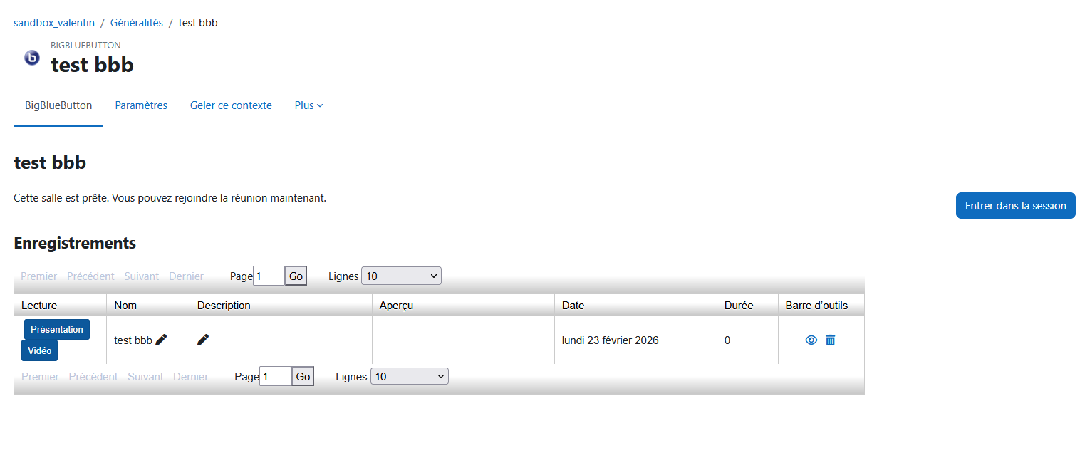 Page d'accueil d'une activité BigBlueButton dans Moodle avec un enregistrement disponible