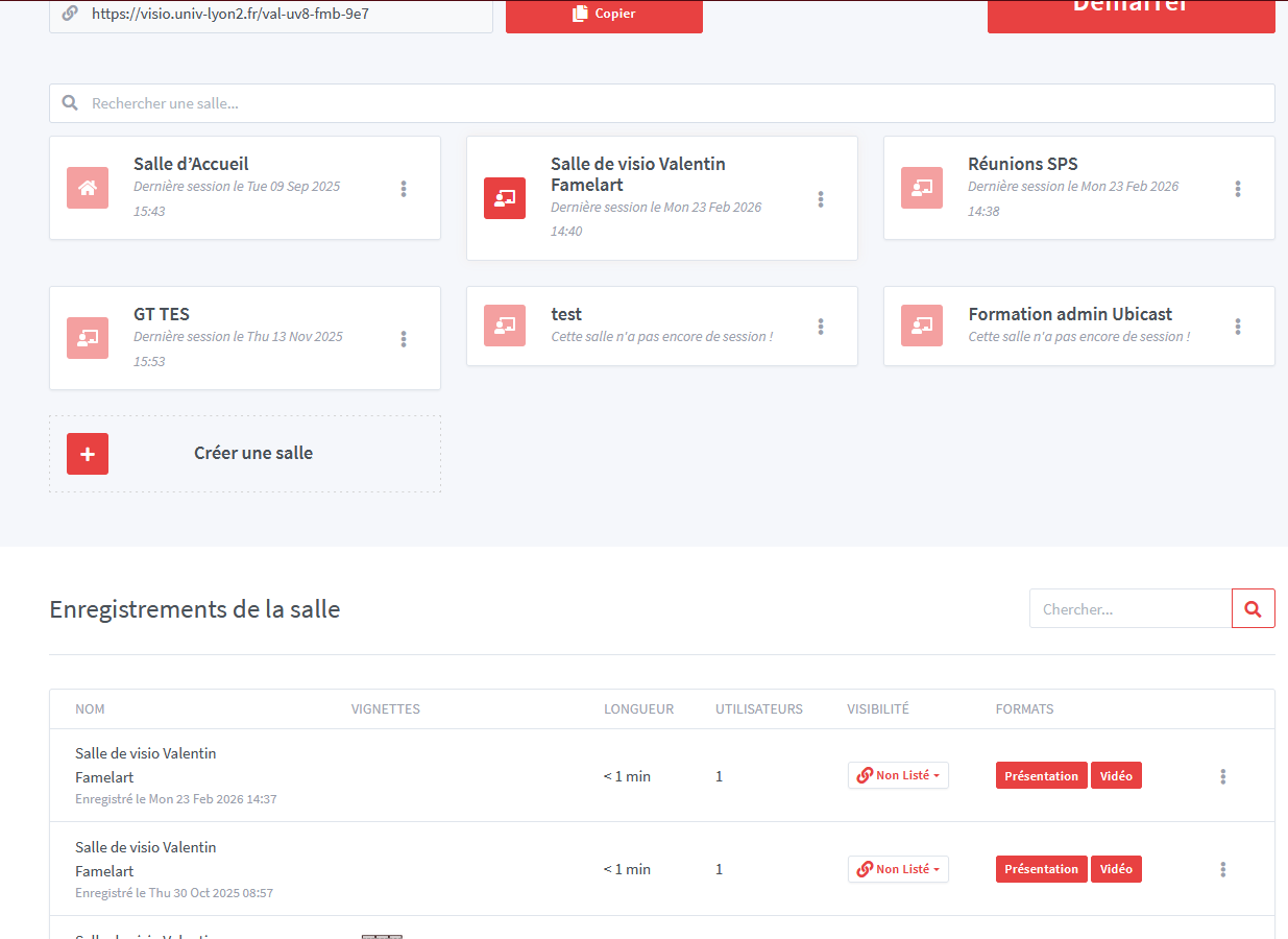 Copie d'écran d'un salon Visio.univ dans laquelle on voit plusieurs enregistrements disponibles