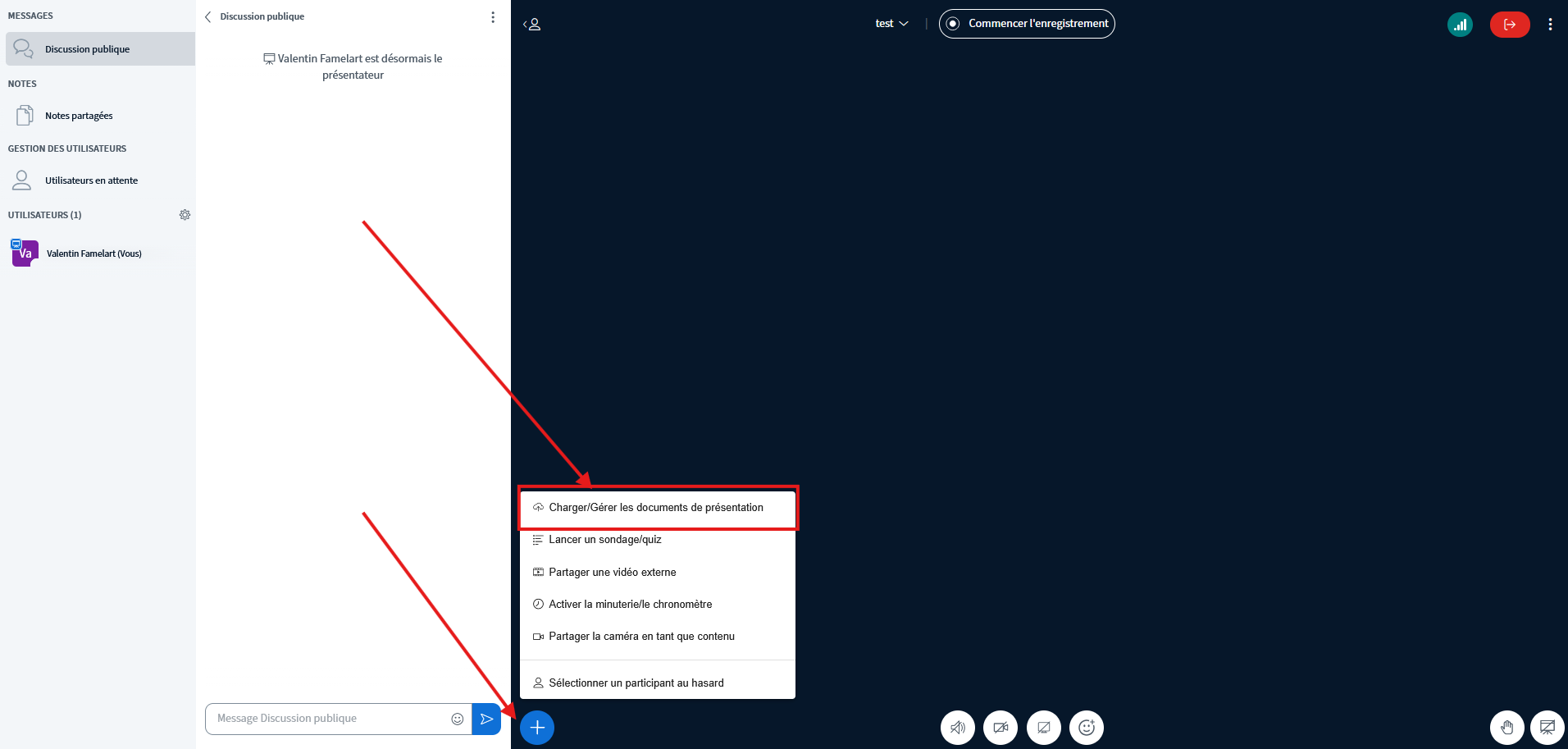 Capture d'écran de l'interface BigBlueButton, le bouton Charger/gérer les documents de présentation est mis en valeur