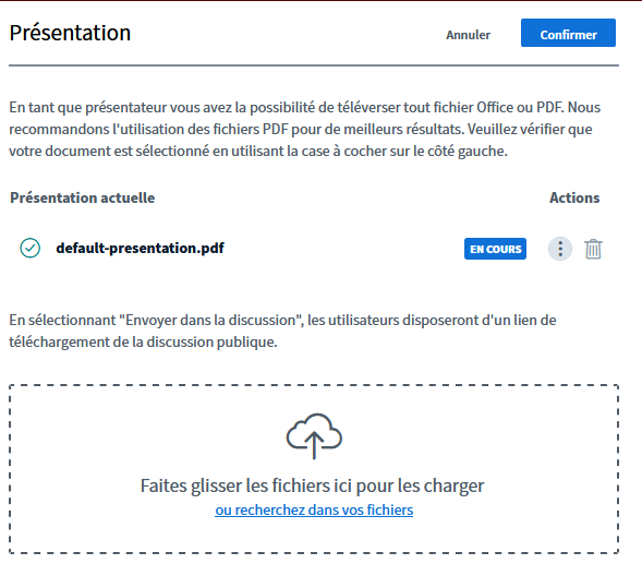 Interface de partage de documents dans BigBlueButton